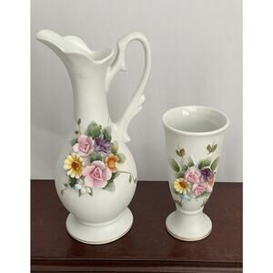 Vintage Lefton China Hand Painted Floral Pitcher And Bud Vase Japan